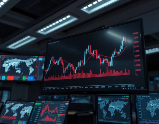EUR/USD currency chart on a trading floor screen, illustrating market volatility and forecast analysis.
