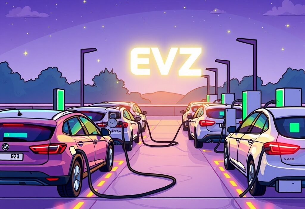 Symbolic cartoon showing the Vehicle Zone (VZ) rebrand's impact on EV charging blockchain, highlighting seamless electric vehicle infrastructure.
