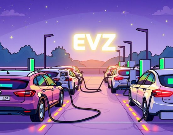 Symbolic cartoon showing the Vehicle Zone (VZ) rebrand's impact on EV charging blockchain, highlighting seamless electric vehicle infrastructure.