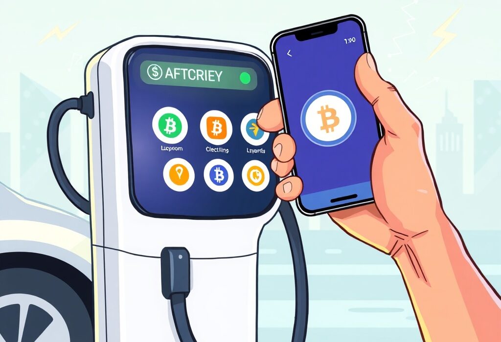 Cartoon illustration showing a driver making EV charging crypto payments at a Blink station, symbolizing convenient digital transactions.