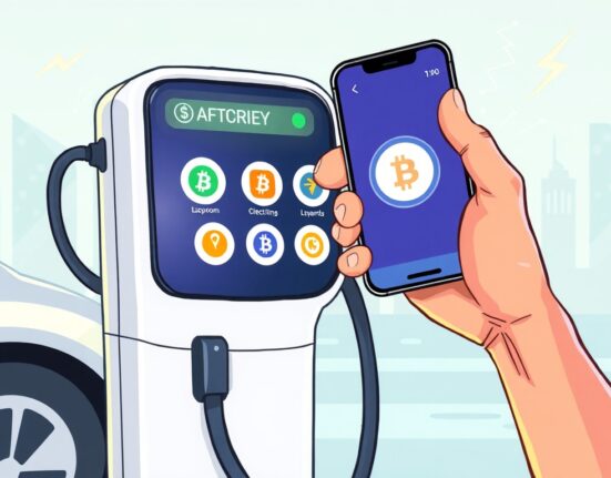 Cartoon illustration showing a driver making EV charging crypto payments at a Blink station, symbolizing convenient digital transactions.