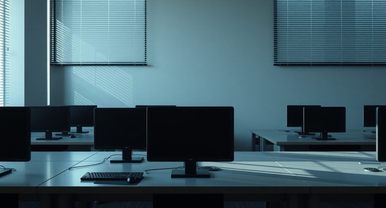 Empty office with dark computer monitors representing the shutdown of Everclear protocol