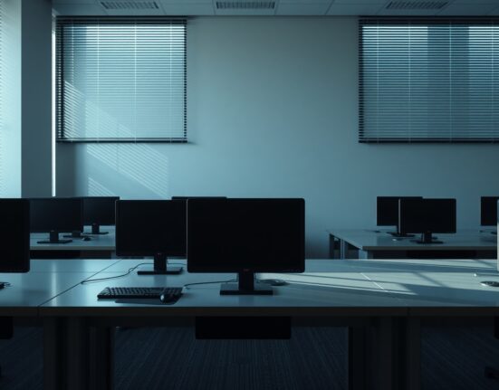 Empty office with dark computer monitors representing the shutdown of Everclear protocol