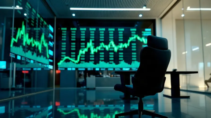 Modern trading floor desk and glowing market data screen at dusk, illustrating a crypto treasury company's Nasdaq listing