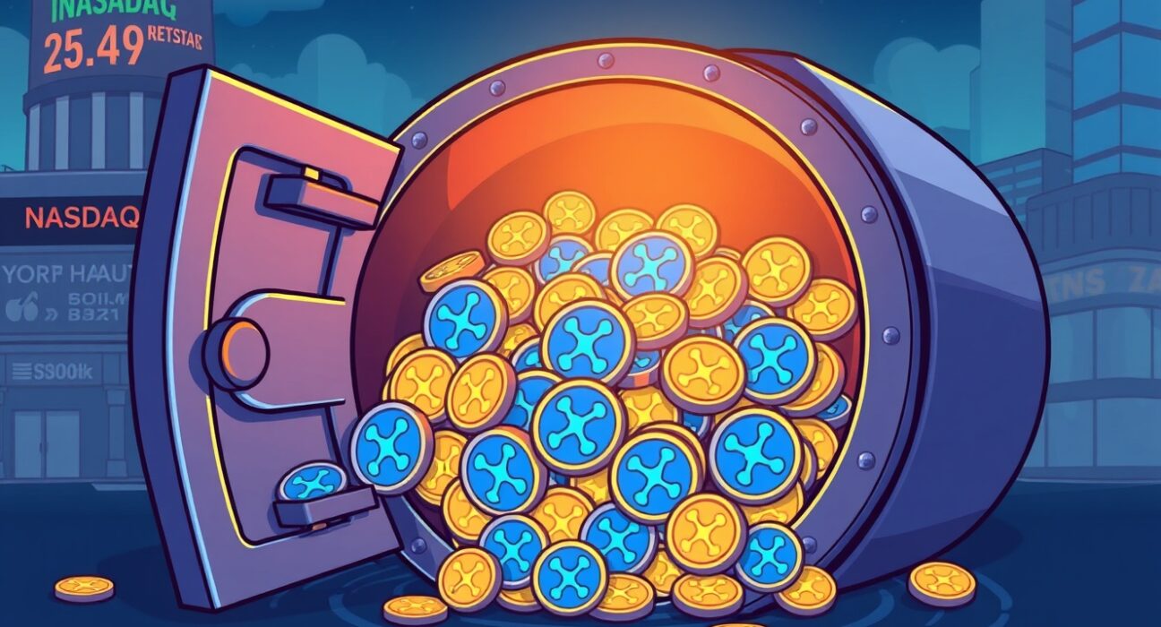Cartoon illustration of a large digital vault containing substantial Evernorth XRP holdings, representing a significant investment.