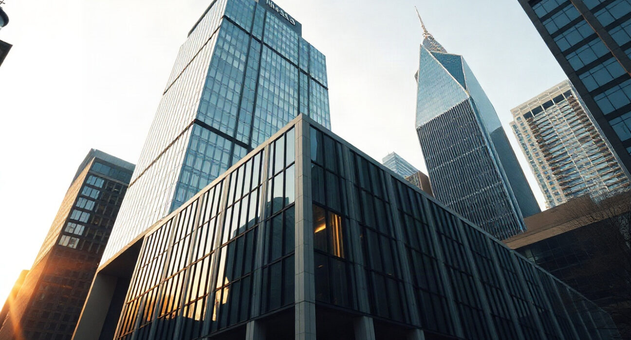 Modern financial district building representing Evernorth's corporate headquarters and Nasdaq listing progress