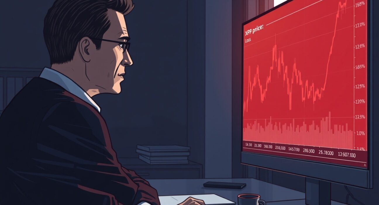 Financial analyst looking at a red declining XRP price chart on a large screen.