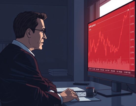 Financial analyst looking at a red declining XRP price chart on a large screen.