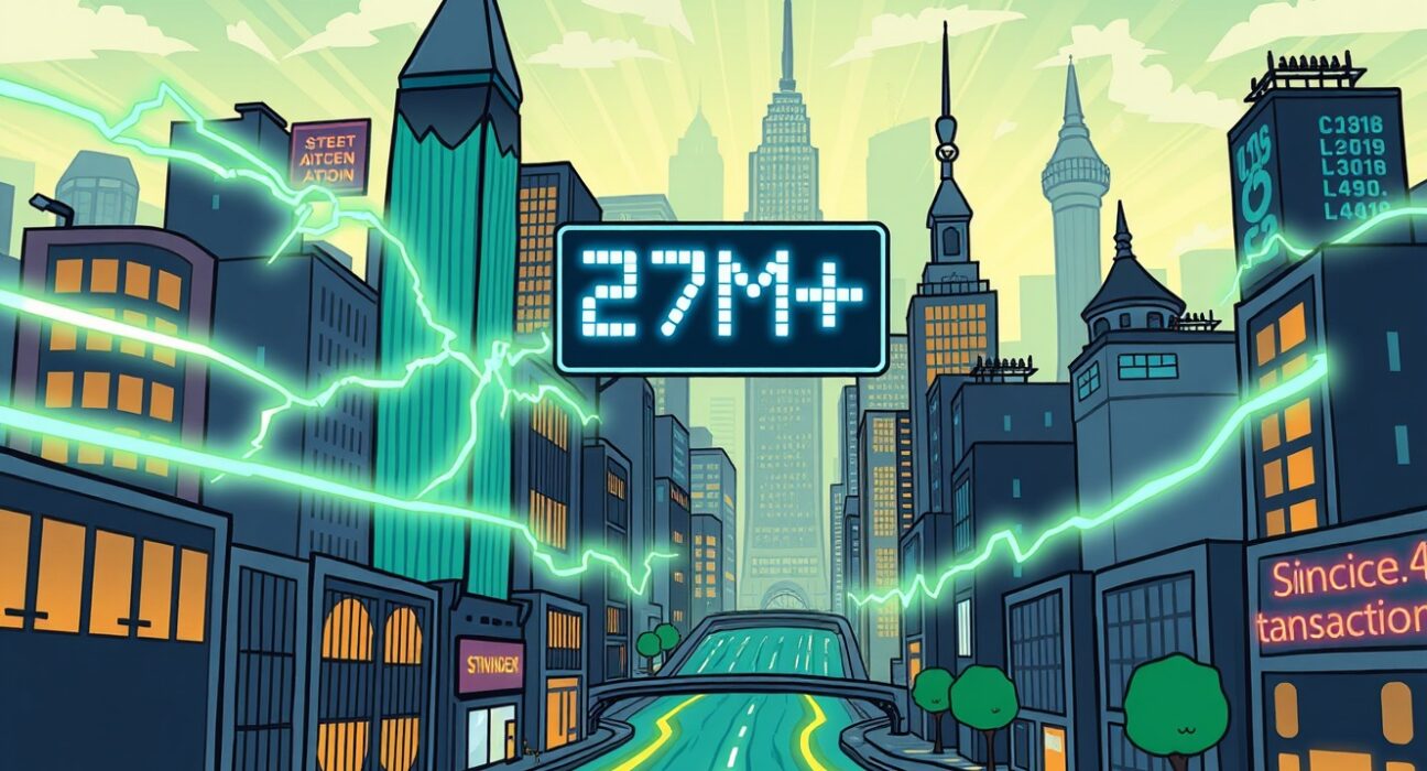 A vibrant illustration showing massive EVM transaction throughput, highlighting blockchain's scaling success and efficiency.