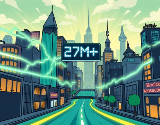 A vibrant illustration showing massive EVM transaction throughput, highlighting blockchain's scaling success and efficiency.