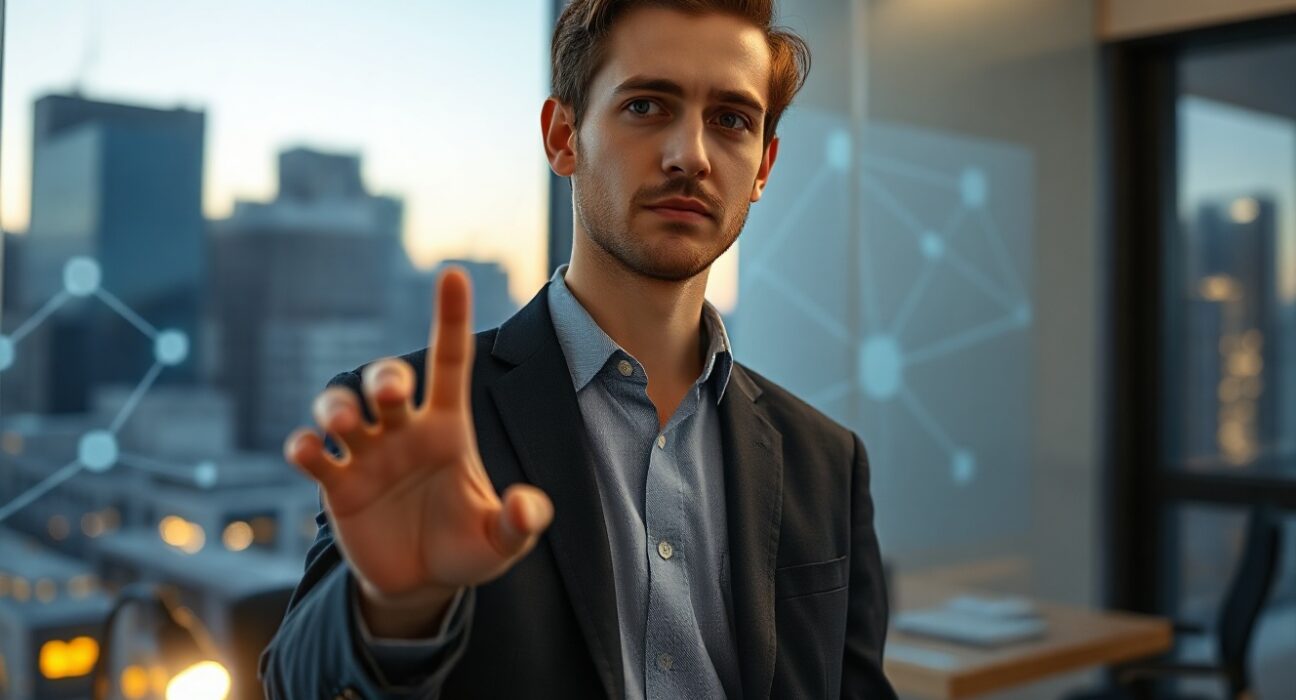 Andrew Dai, founder of visual AI startup Elorian, in a modern office with an AI data display
