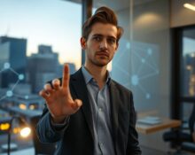 Andrew Dai, founder of visual AI startup Elorian, in a modern office with an AI data display