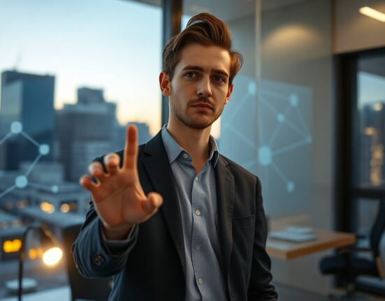 Andrew Dai, founder of visual AI startup Elorian, in a modern office with an AI data display