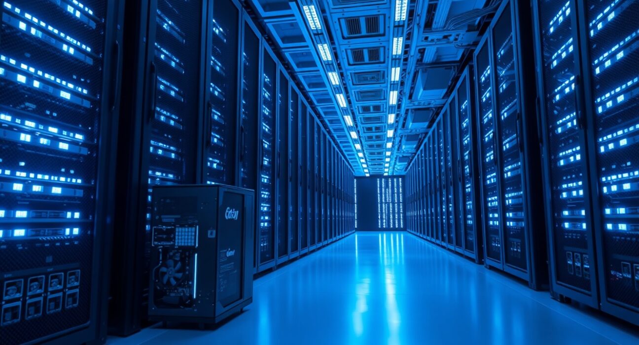 Interior of a modern AI data center with high-performance servers and Bitcoin mining hardware integrated into the infrastructure.