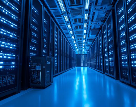 Interior of a modern AI data center with high-performance servers and Bitcoin mining hardware integrated into the infrastructure.