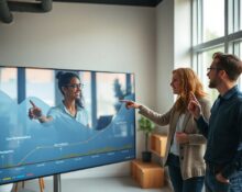 Team of engineers reviewing AI-driven e-commerce personalization dashboard in a modern office