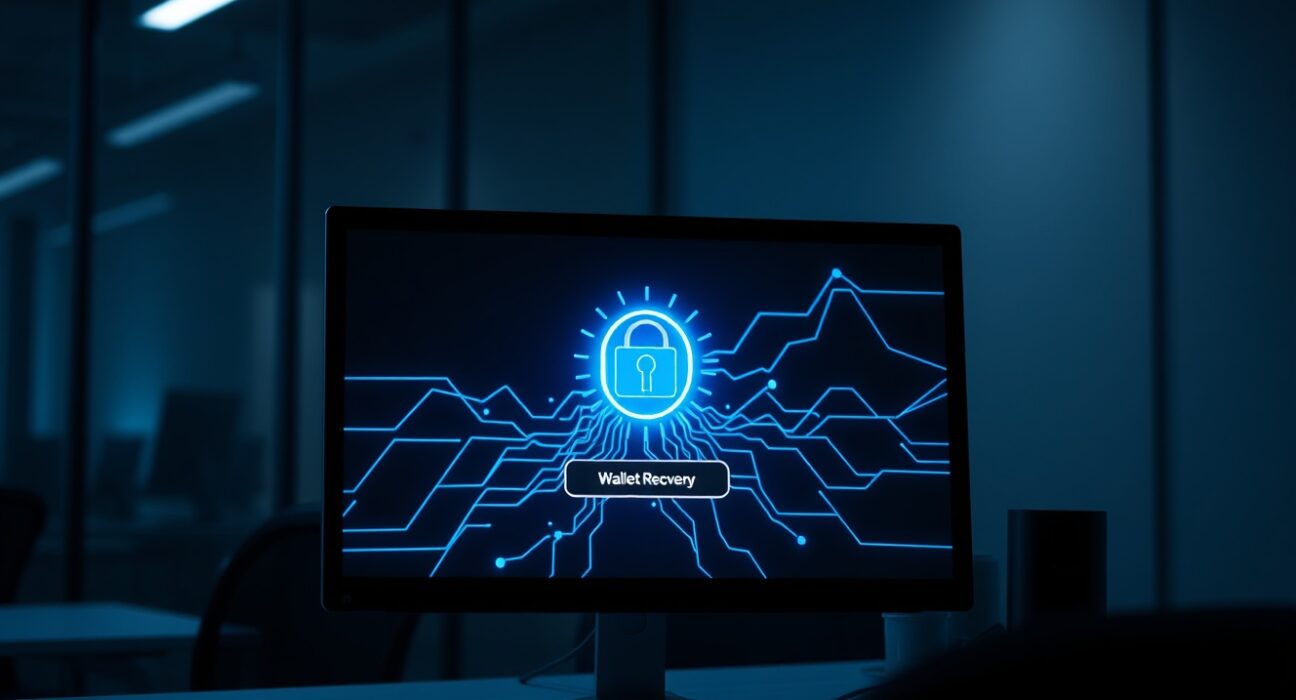 Cryptocurrency wallet recovery interface on a computer screen in a dimly lit office