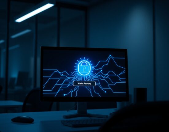 Cryptocurrency wallet recovery interface on a computer screen in a dimly lit office