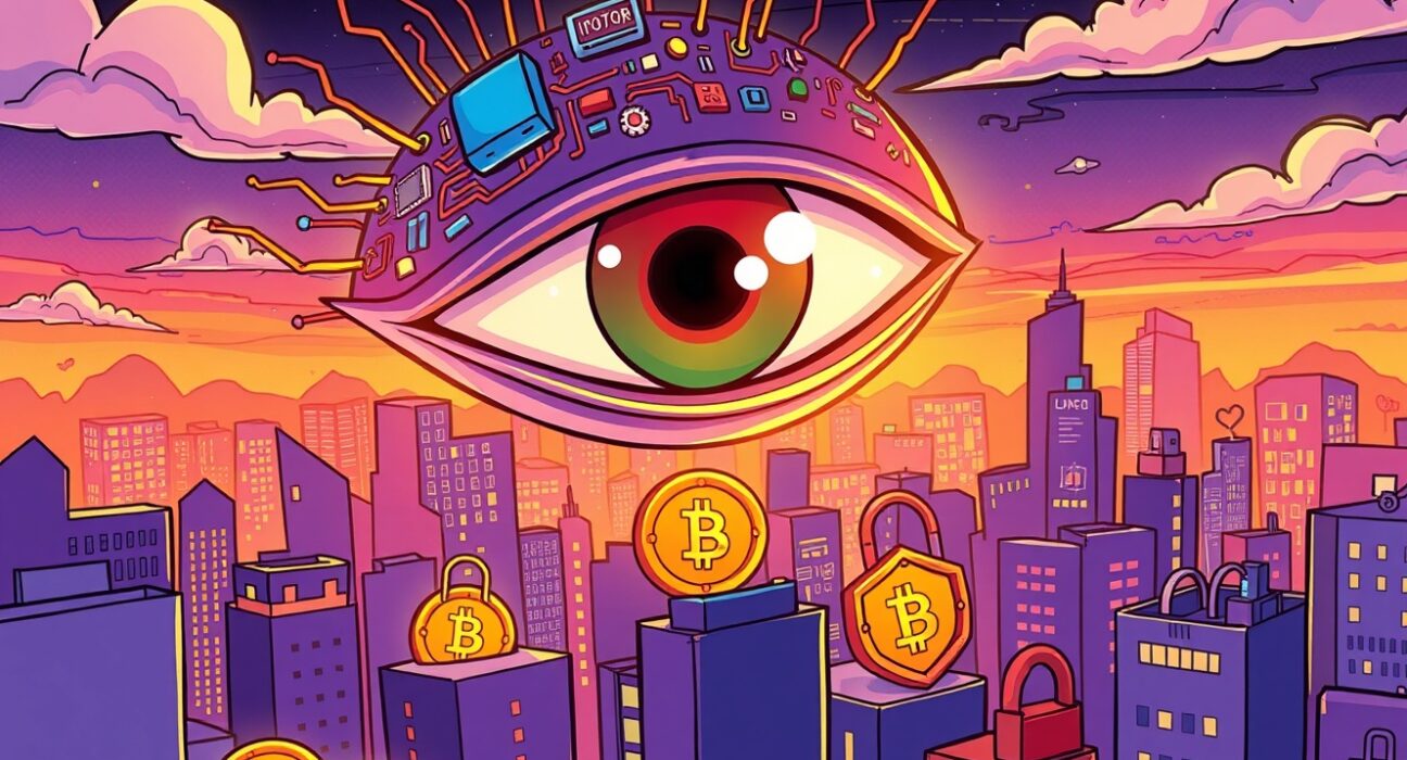 Cartoon illustration warning about excessive government crypto surveillance over digital currency privacy.