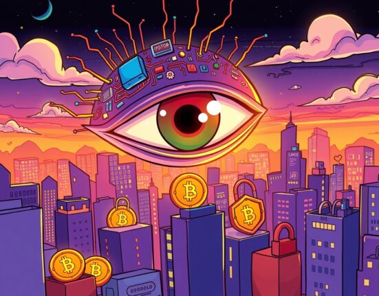 Cartoon illustration warning about excessive government crypto surveillance over digital currency privacy.