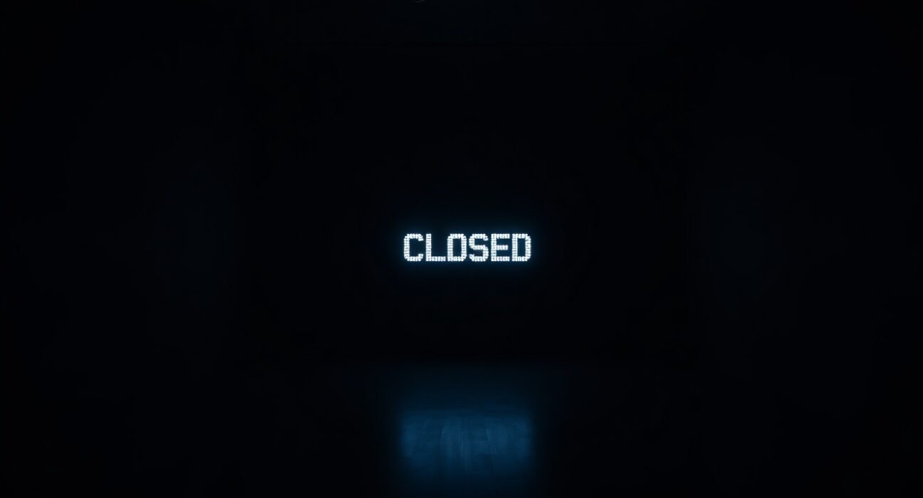 Empty digital art gallery with a closed sign on a screen, representing the shutdown of Exchange Art marketplace