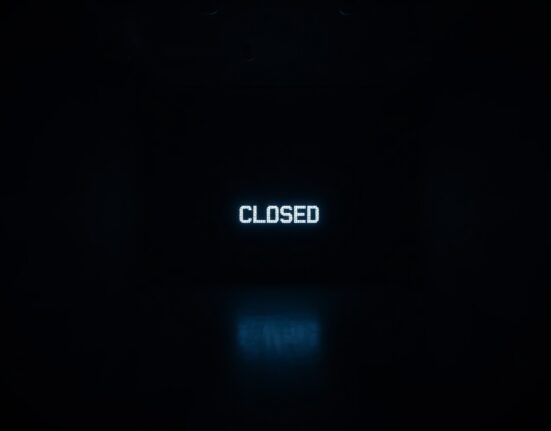 Empty digital art gallery with a closed sign on a screen, representing the shutdown of Exchange Art marketplace