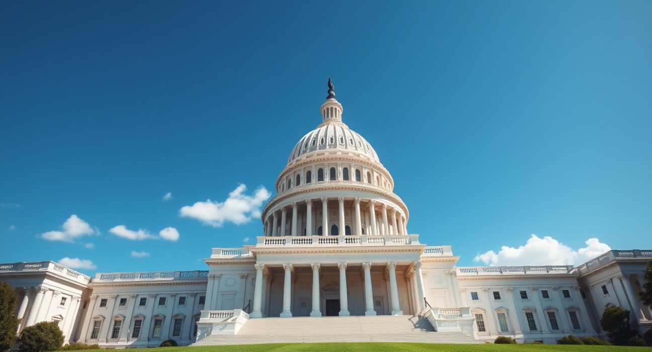 U.S. Capitol building on a sunny day, representing cryptocurrency regulation debate.