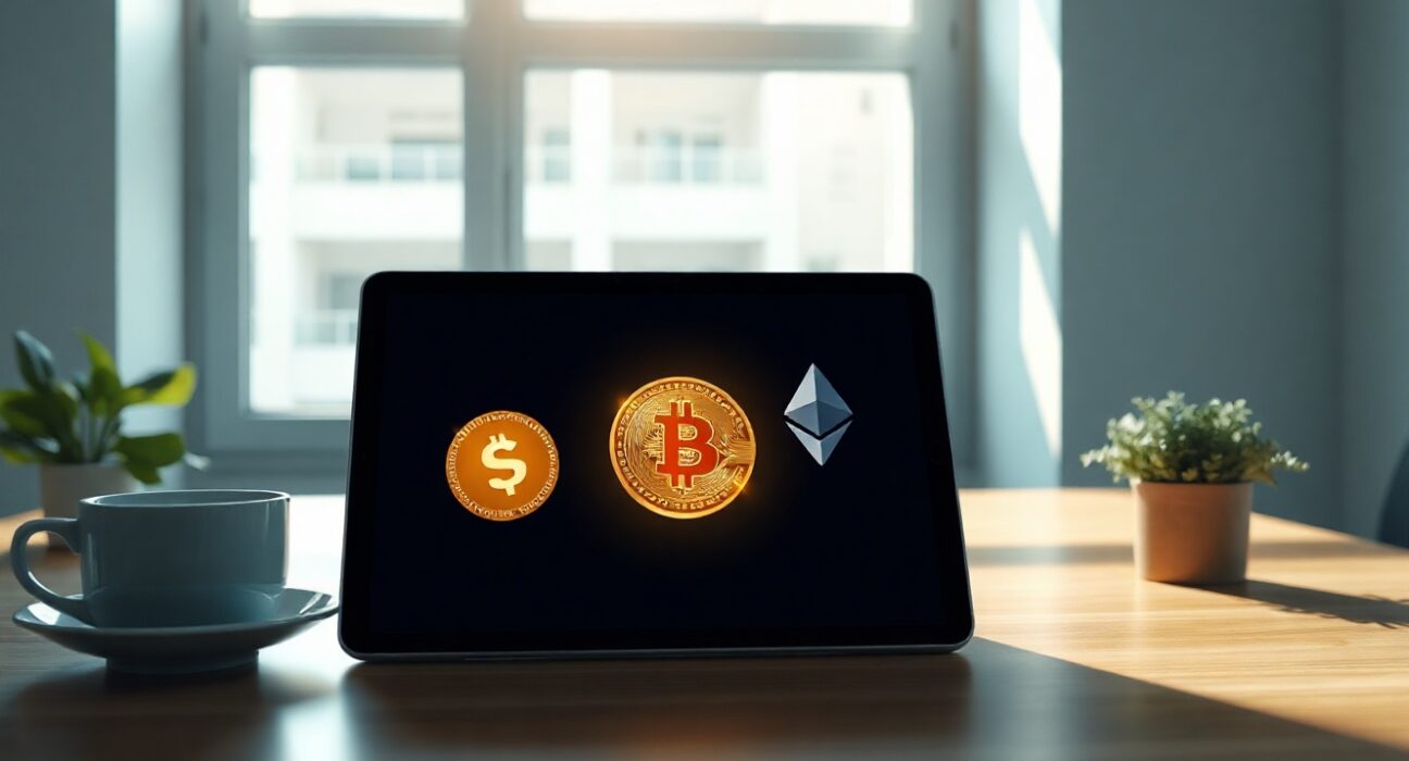 Exodus crypto wallet interface with Bitcoin and Solana symbols on a tablet in a professional office setting