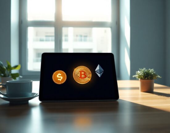 Exodus crypto wallet interface with Bitcoin and Solana symbols on a tablet in a professional office setting