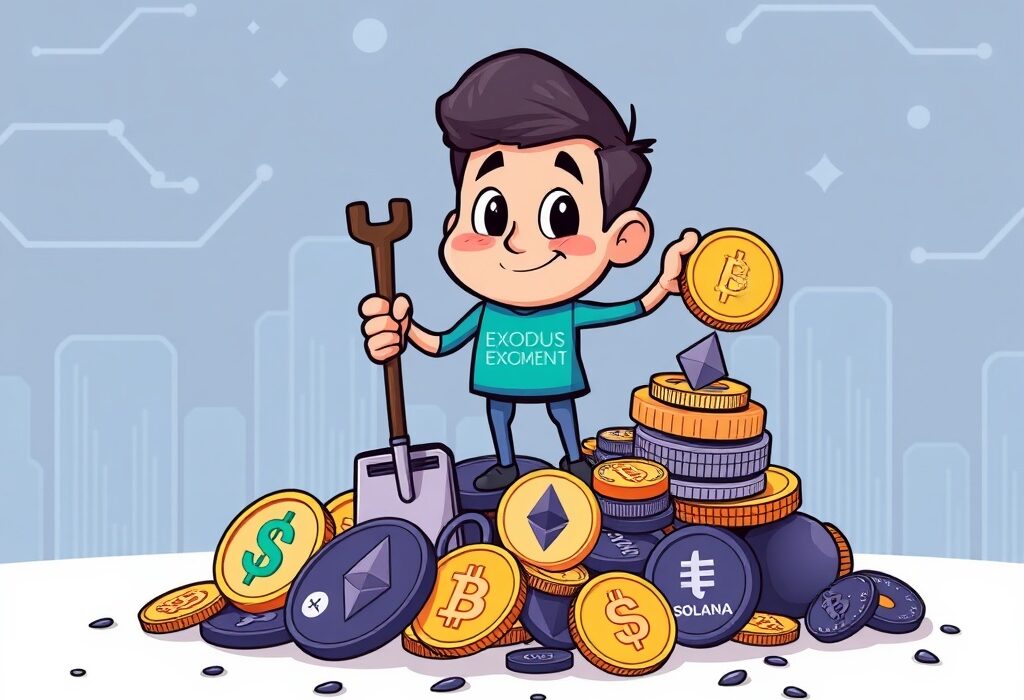 Cartoon illustration showing Exodus Movement's strategic increase in Exodus crypto holdings, symbolizing growth in Bitcoin, Ethereum, and Solana.