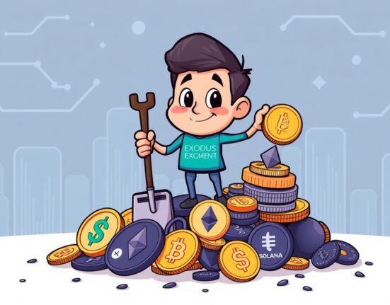 Cartoon illustration showing Exodus Movement's strategic increase in Exodus crypto holdings, symbolizing growth in Bitcoin, Ethereum, and Solana.