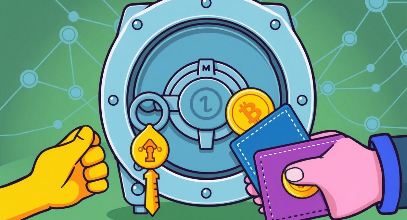 A cartoon image symbolizing secure digital asset custody, where a cryptocurrency wallet entrusts its assets to a robust custody provider.