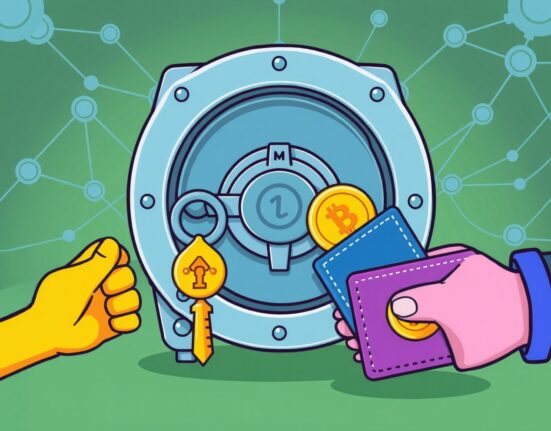 A cartoon image symbolizing secure digital asset custody, where a cryptocurrency wallet entrusts its assets to a robust custody provider.