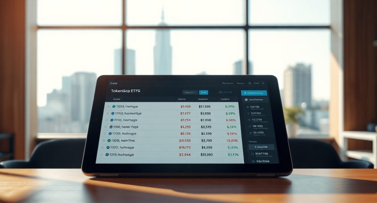 Exodus Market platform interface showing tokenized stock ETFs on a tablet in a modern office setting