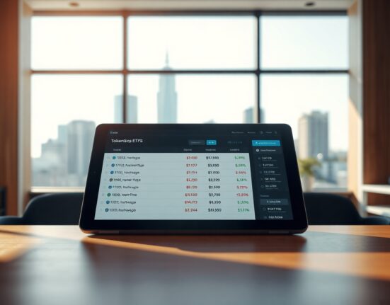 Exodus Market platform interface showing tokenized stock ETFs on a tablet in a modern office setting