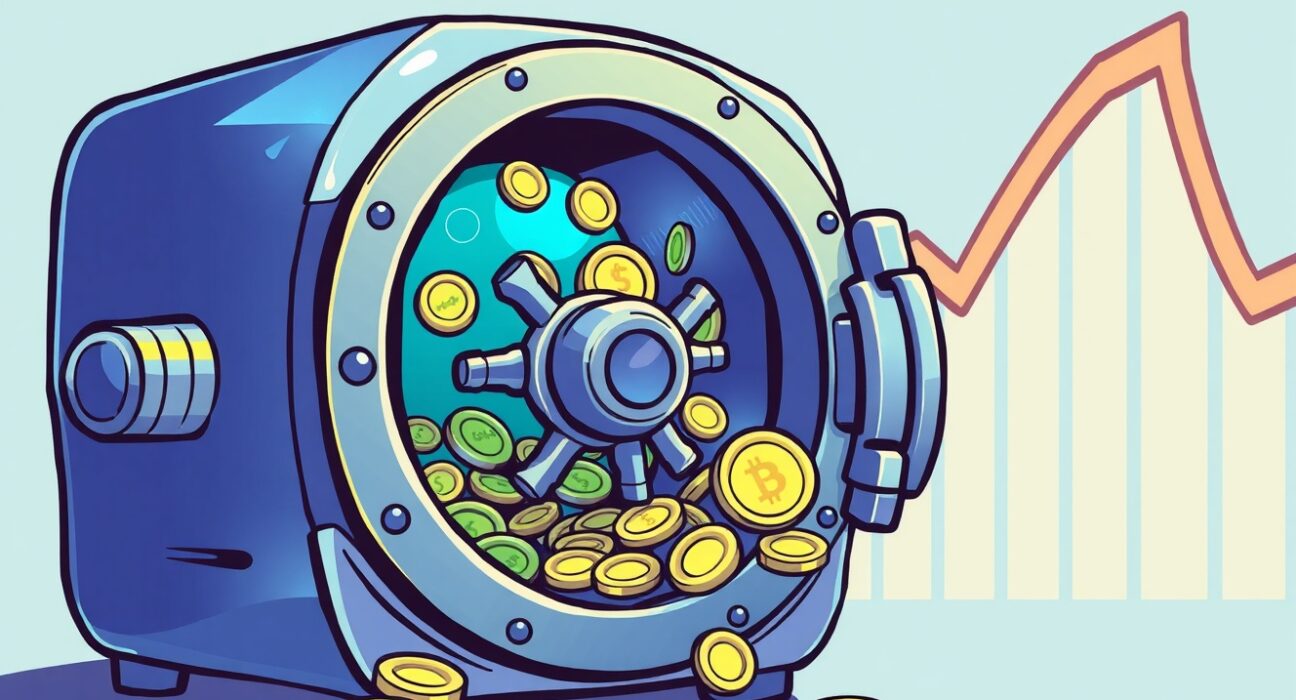 Strategic illustration of Exodus Movement selling BTC from its digital treasury vault.