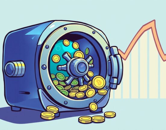 Strategic illustration of Exodus Movement selling BTC from its digital treasury vault.
