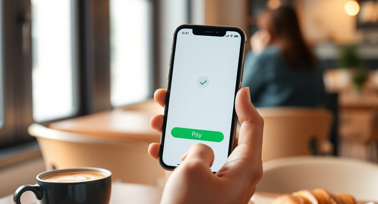Exodus Pay self-custody app being used to make a contactless payment in a cafe.