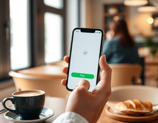 Exodus Pay self-custody app being used to make a contactless payment in a cafe.