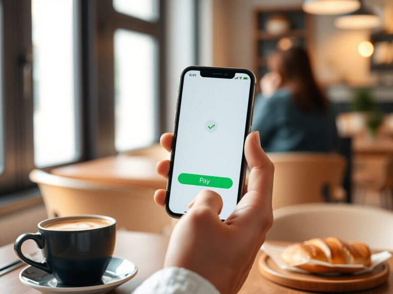 Exodus Pay self-custody app being used to make a contactless payment in a cafe.