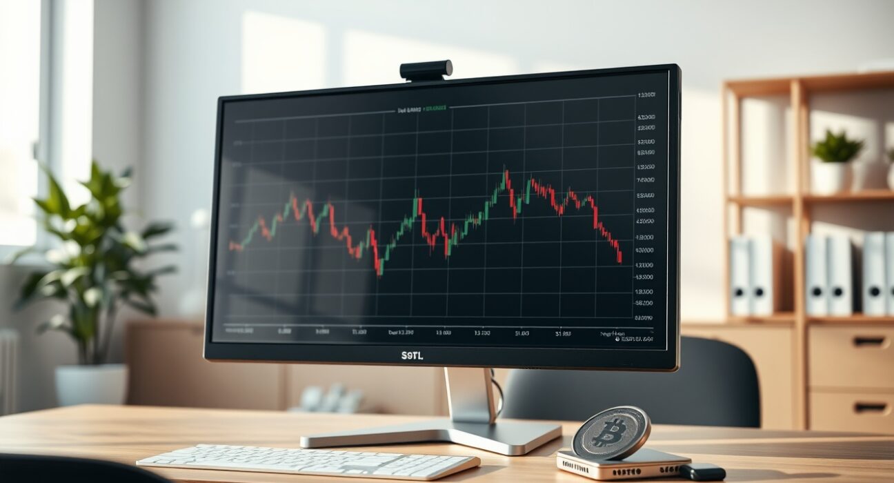 Exodus cryptocurrency wallet and financial chart showing revenue decline on a computer screen in a modern office.