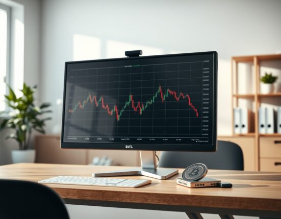 Exodus cryptocurrency wallet and financial chart showing revenue decline on a computer screen in a modern office.