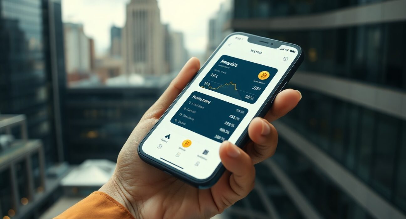 Exodus crypto wallet app displayed on a smartphone held by a professional, with a financial district in the background.