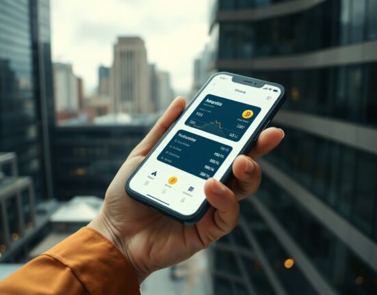 Exodus crypto wallet app displayed on a smartphone held by a professional, with a financial district in the background.