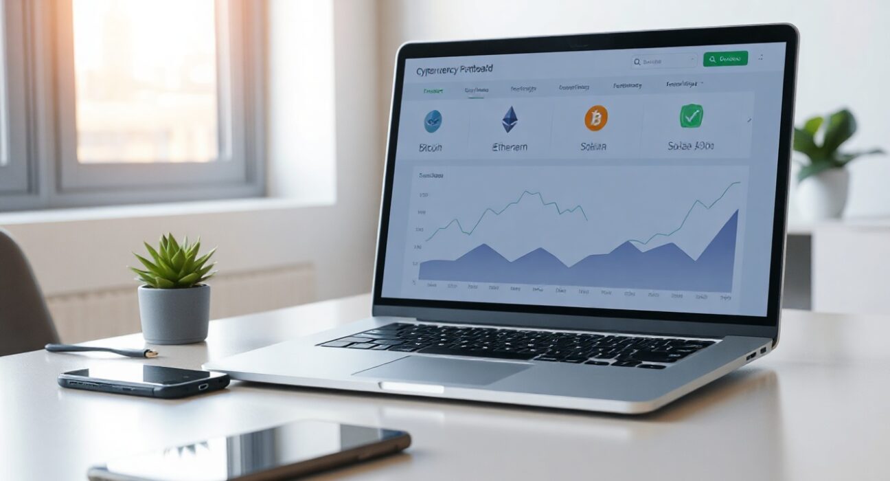 Laptop displaying cryptocurrency portfolio dashboard with Bitcoin, Ethereum, and Solana charts on a modern office desk.