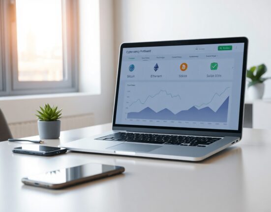 Laptop displaying cryptocurrency portfolio dashboard with Bitcoin, Ethereum, and Solana charts on a modern office desk.