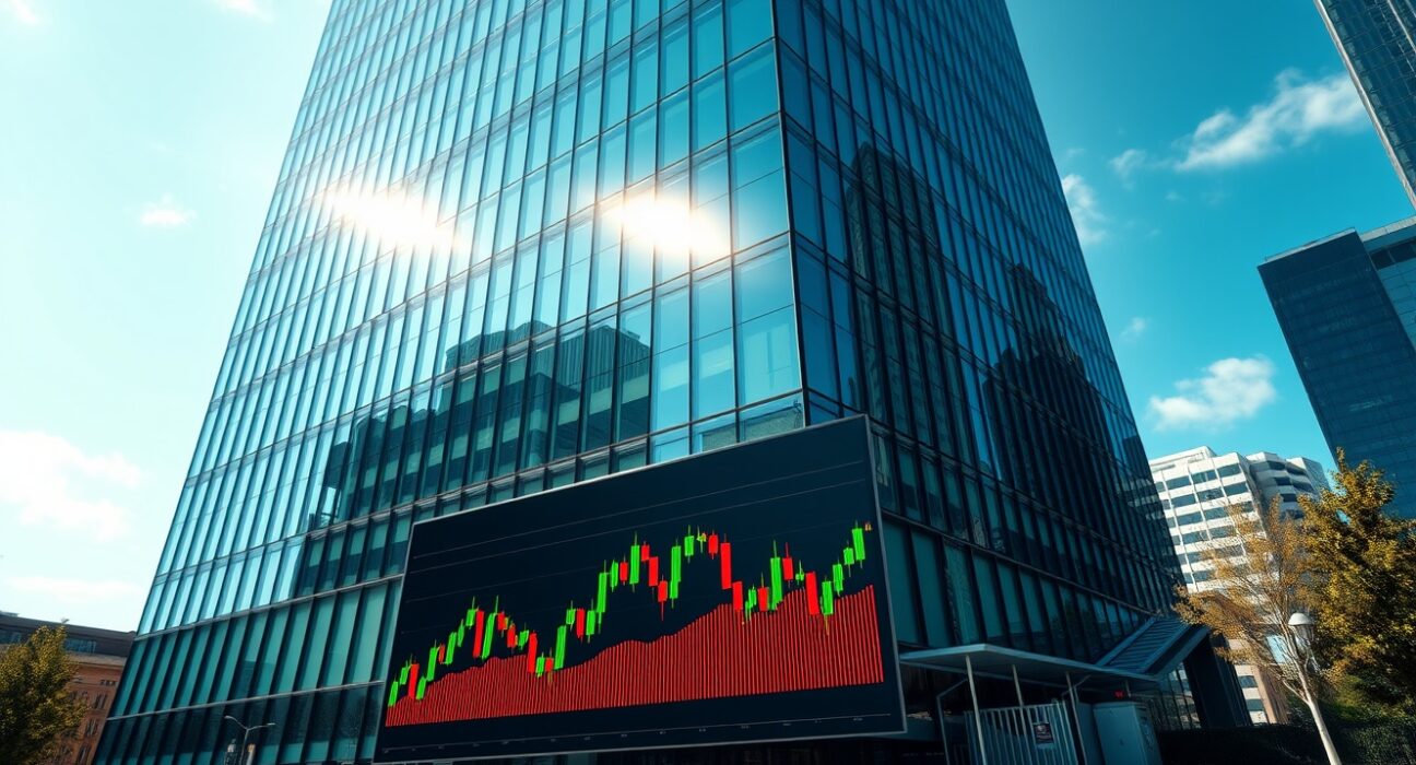 Exodus office building with Bitcoin price chart on digital screen