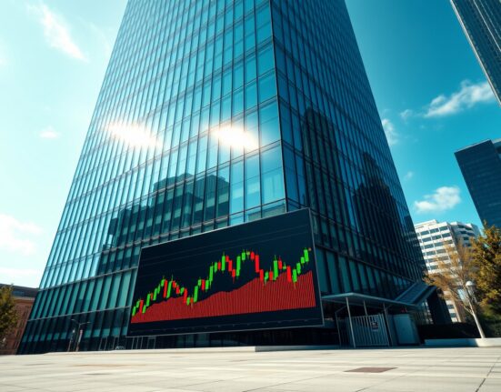 Exodus office building with Bitcoin price chart on digital screen