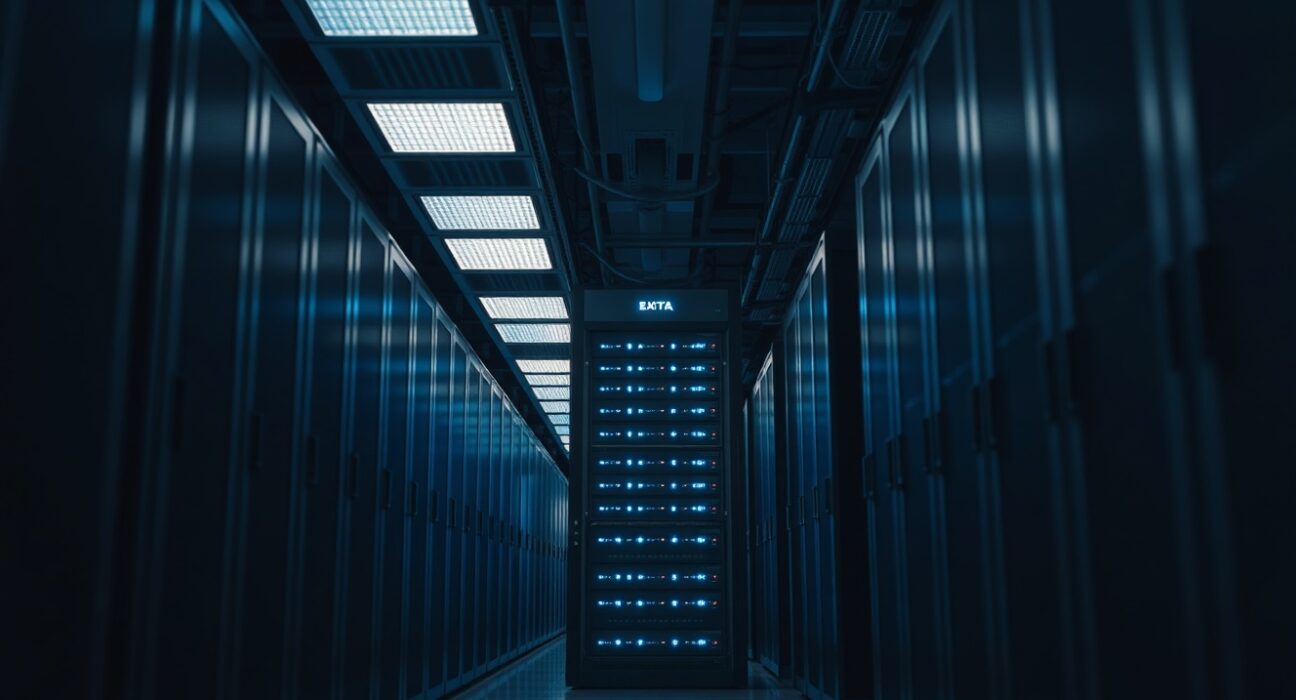 Interior of a data center with server racks and blue LED lights, representing AI model training infrastructure.
