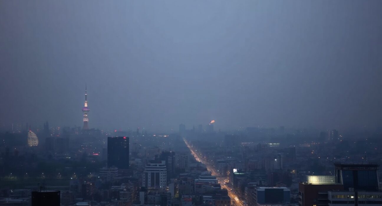Panoramic view of Tehran skyline at night with a distant glow on the horizon after an explosion was reported.